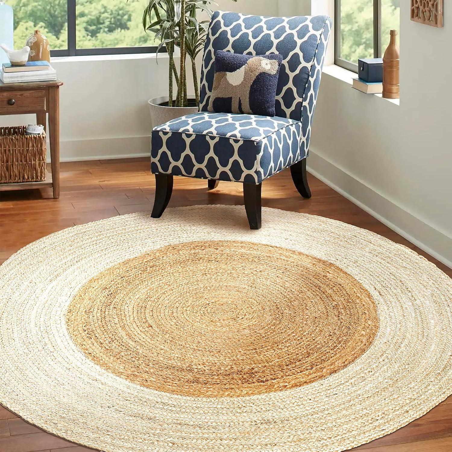 image:imageJONATHAN Y TwoTone Jute Circle CreamNatural 5 Round Indoor Area Rug Oceana Boho Minimalist Geometric EasyCleaning for Living Room Bedroom Kitchen Pet Friendly NonShedding RNF115A5R41 Round