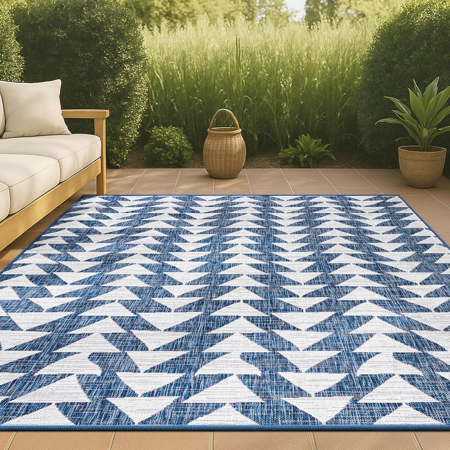 image:imageJONATHAN Y Tribal Geometric Indoor Outdoor Area Rug 5X8 BrownBeige Andratx Modern for Backyard Patio Porch EasyCleaning High Traffic PetFriendly NonShedding SMB126A5BlueIvory
