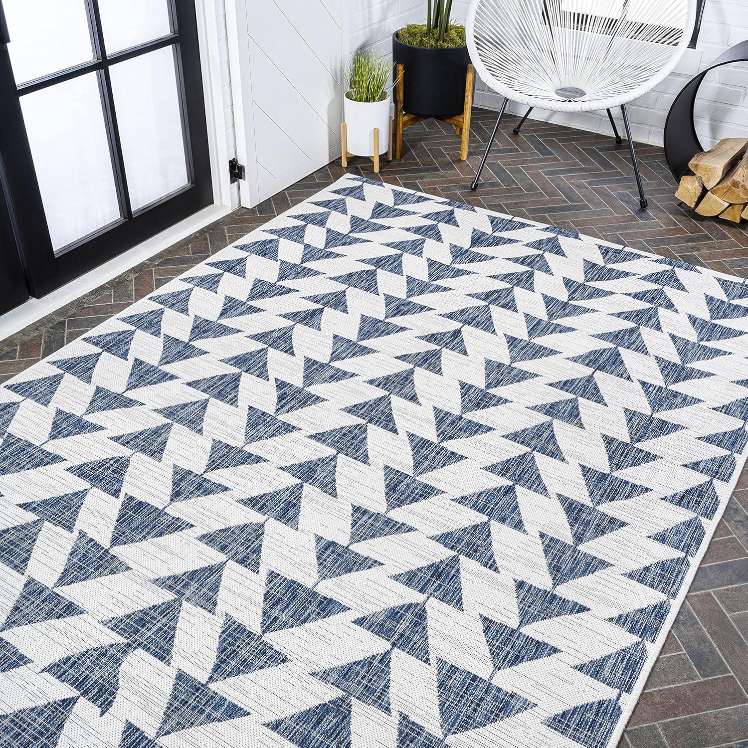 image:imageJONATHAN Y Tribal Geometric Indoor Outdoor Area Rug 5X8 BrownBeige Andratx Modern for Backyard Patio Porch EasyCleaning High Traffic PetFriendly NonShedding SMB126A5IvoryBlue