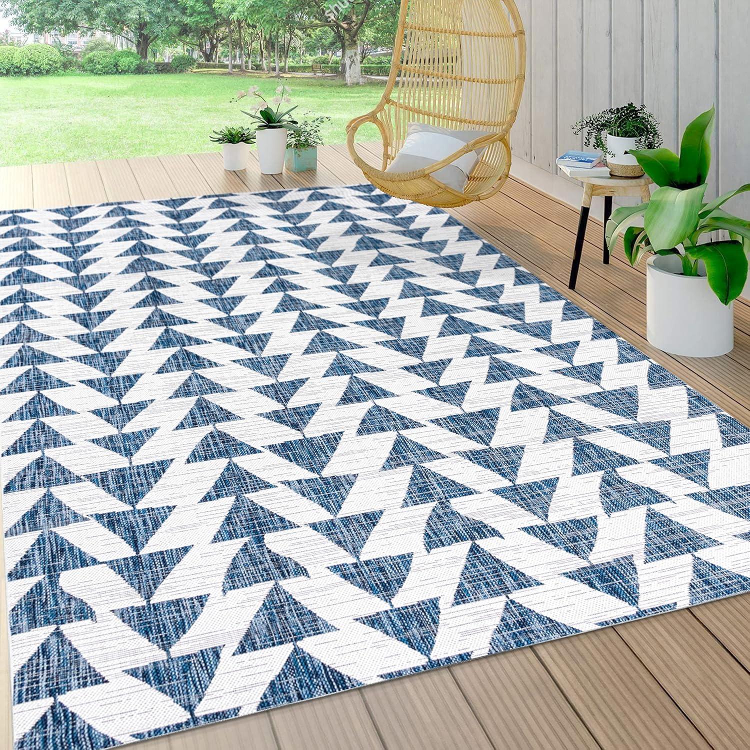 image:imageJONATHAN Y Tribal Geometric Indoor Outdoor Area Rug 5X8 BrownBeige Andratx Modern for Backyard Patio Porch EasyCleaning High Traffic PetFriendly NonShedding SMB126A5IvoryBlue