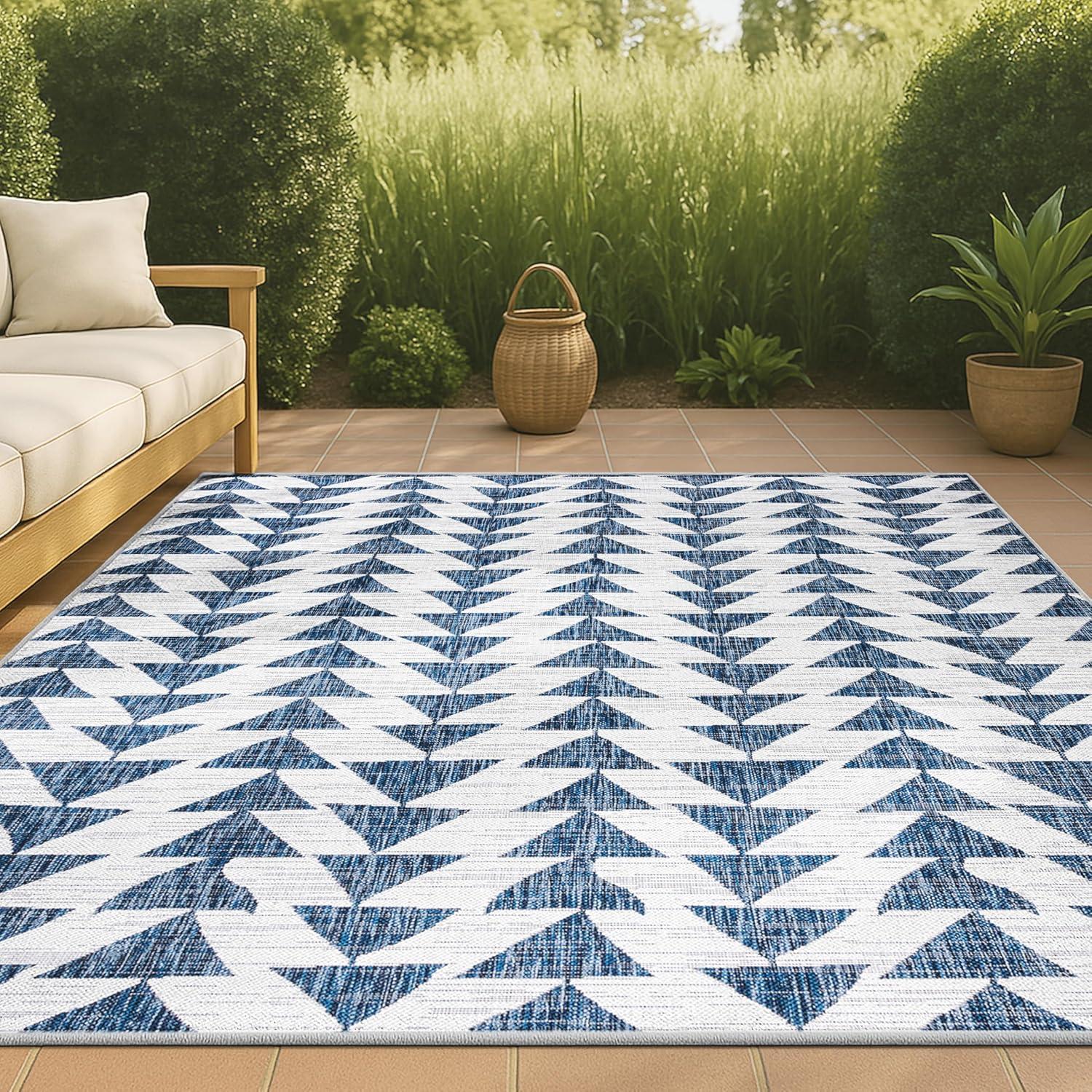 image:imageJONATHAN Y Tribal Geometric Indoor Outdoor Area Rug 5X8 BrownBeige Andratx Modern for Backyard Patio Porch EasyCleaning High Traffic PetFriendly NonShedding SMB126A5IvoryBlue