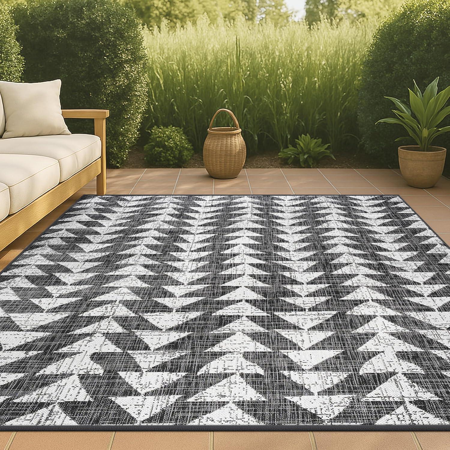 image:imageJONATHAN Y Tribal Geometric Indoor Outdoor Area Rug 5X8 BrownBeige Andratx Modern for Backyard Patio Porch EasyCleaning High Traffic PetFriendly NonShedding SMB126A5BlackIvory