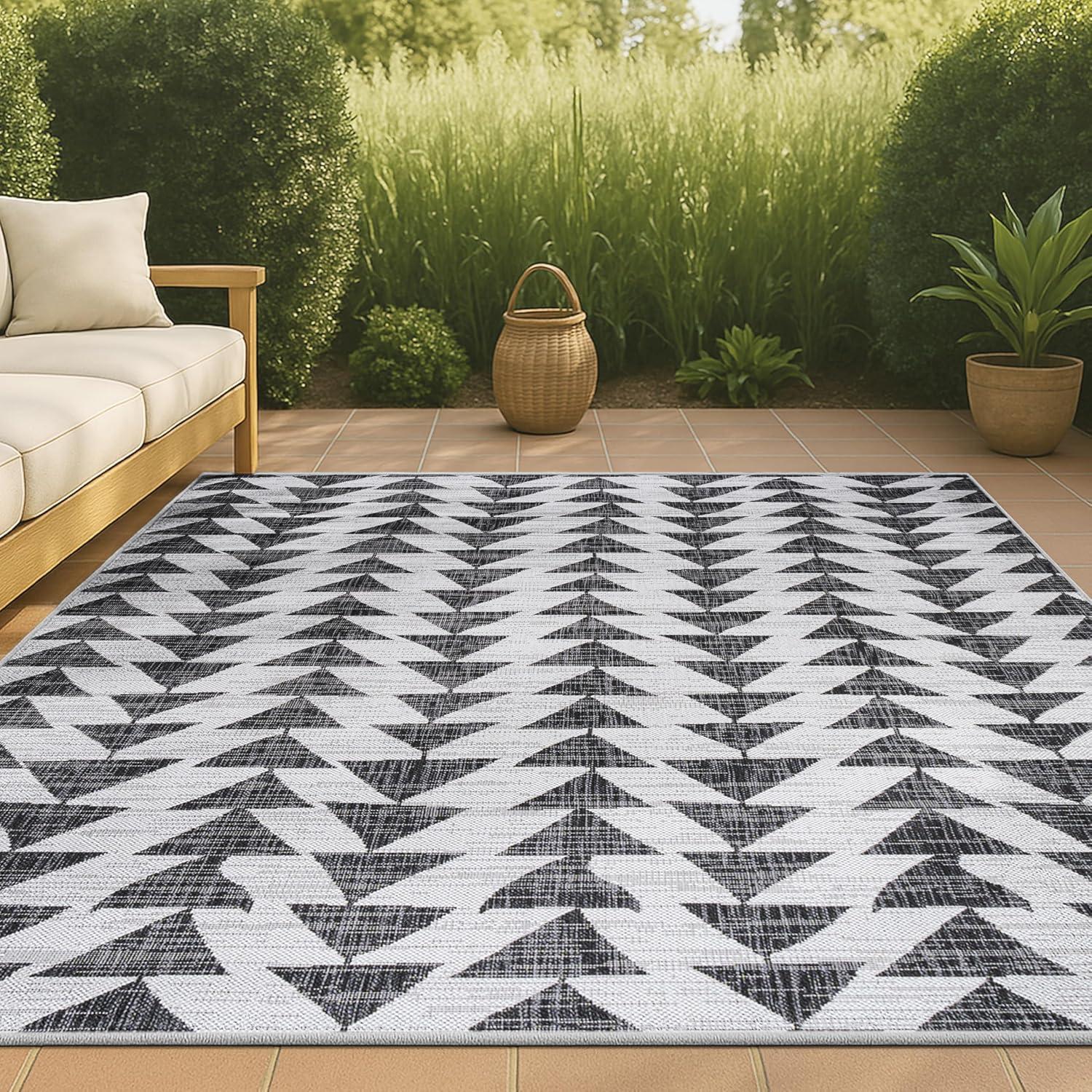 image:imageJONATHAN Y Tribal Geometric Indoor Outdoor Area Rug 5X8 BrownBeige Andratx Modern for Backyard Patio Porch EasyCleaning High Traffic PetFriendly NonShedding SMB126A5IvoryBlack