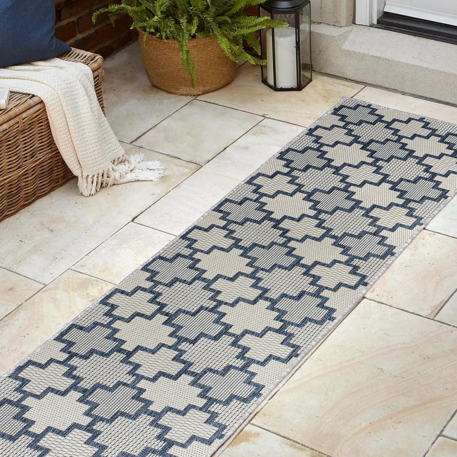 image:imageJONATHAN Y Geometric Tile Pattern Indoor Outdoor Runner Rug 2X8 SalmonCream Cyrus Modern for Backyard Patio Porch EasyCleaning High Traffic PetFriendly NonShedding TSN200A28NavyCream