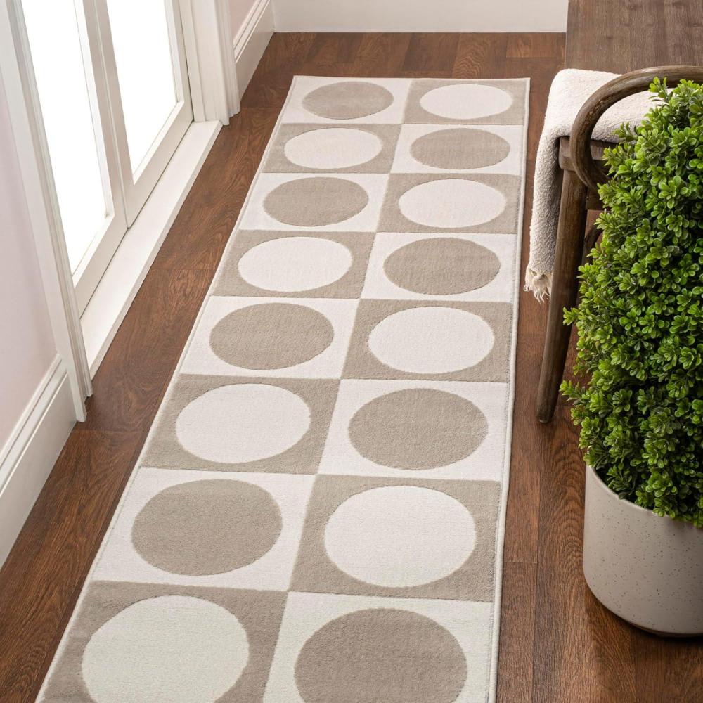 image:imageJONATHAN Y Circles in Squares HighLow Runner Rug 2X8 WhiteCream Helena Modern Geometric for Living Room Bedroom Kitchen EasyCleaning High Traffic PetFriendly NonShedding SND104B28BeigeCream