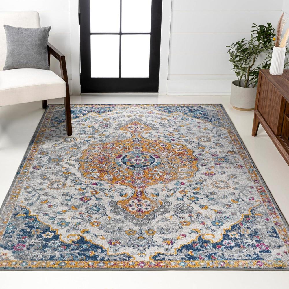 image:imageJONATHAN Y Lorena Ornate Boho Medallion Light GrayDark BlueOrange Indoor Area Rug 3x5 Bohemian Vintage EasyCleaning for Living Room Bedroom Kitchen Pet Friendly NonShedding MDP211A353 x 77 Rectangular