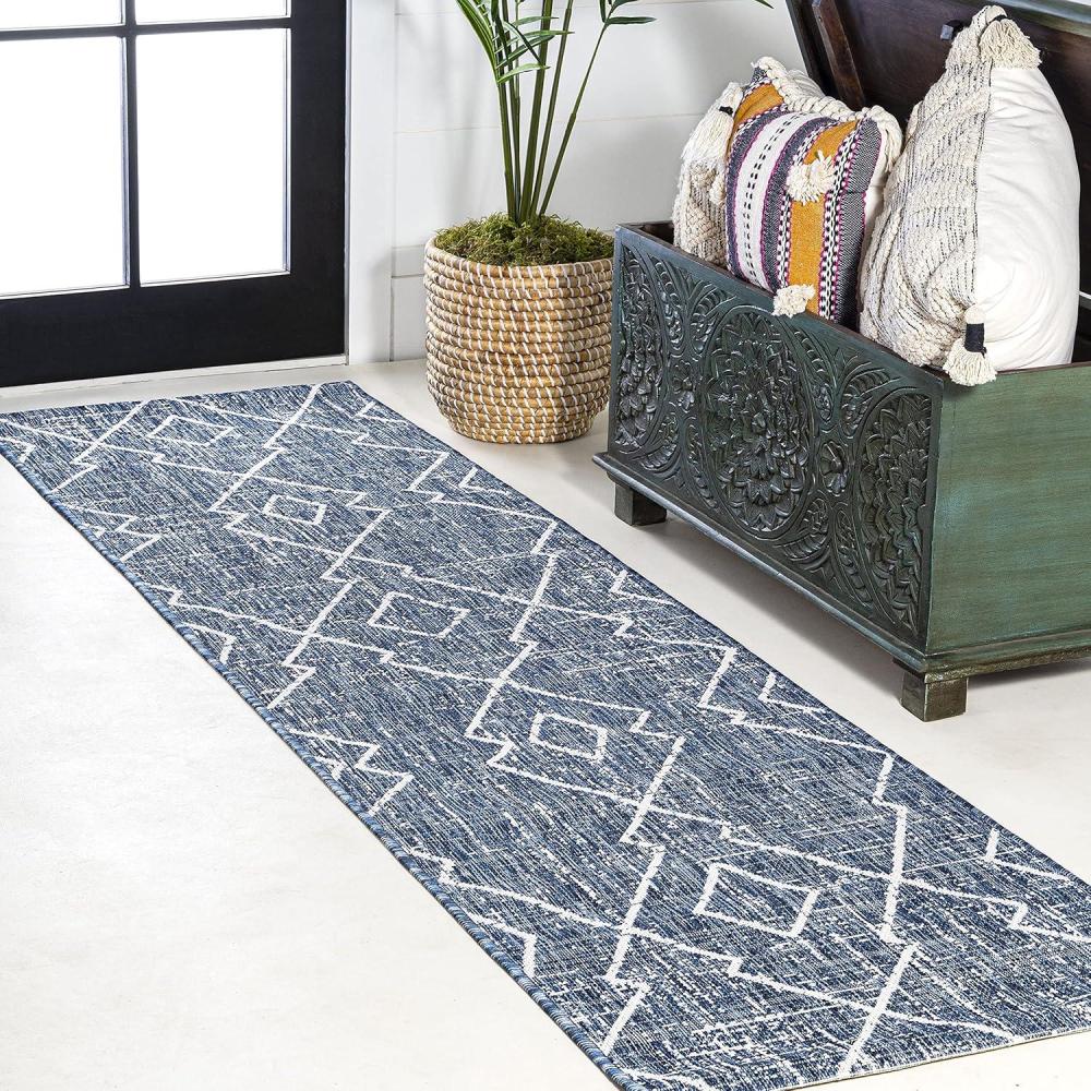 image:imageJONATHAN Y Tribal Diamond Trellis Indoor Outdoor Runner Rug 2X8 BeigeBrown Carwa for Backyard Patio Porch EasyCleaning High Traffic PetFriendly NonShedding SMB128A28BlueIvory