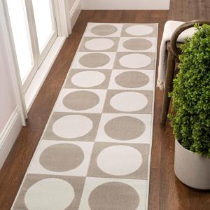 JONATHAN Y Circles in Squares High-Low Runner Rug 2X8 White/Cream, Helena Modern Geometric for Living Room, Bedroom, Kitchen, Easy-Cleaning, High Traffic, Pet-Friendly, Non-Shedding SND104B-28(Beige/Cream)