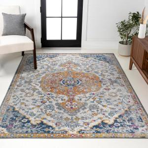 JONATHAN Y Lorena Ornate Boho Medallion Light Gray/Dark Blue/Orange Indoor Area Rug, 3×5, Bohemian, Vintage, Easy-Cleaning for Living Room, Bedroom, Kitchen, Pet Friendly, Non-Shedding (MDP211A-3)(4′ x 6′ (Rectangular))