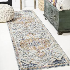JONATHAN Y Lorena Ornate Boho Medallion Light Gray/Dark Blue/Orange Indoor Area Rug, 3×5, Bohemian, Vintage, Easy-Cleaning for Living Room, Bedroom, Kitchen, Pet Friendly, Non-Shedding (MDP211A-3)(2’3″ x 8′ (Runner))