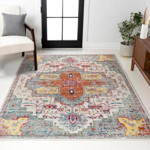 JONATHAN Y Zafra Vintage Medallion Coral/Blue/Multi Indoor Area Rug, 3×5, Transitional, Southwestern, Easy-Cleaning for Living Room, Bedroom, Kitchen, Pet Friendly, Non-Shedding (CAV100A-3)(3′ x 5′ (Rectangular))