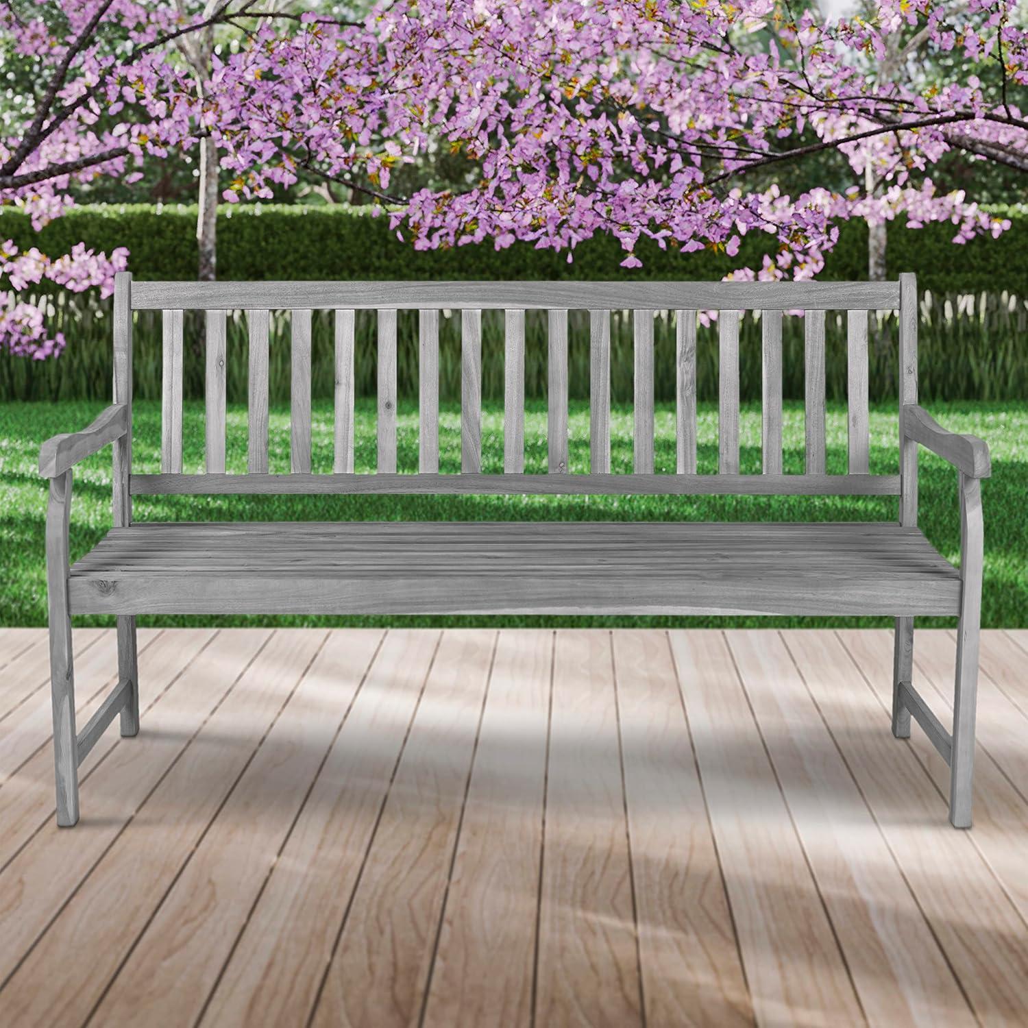 image:imageJONATHAN Y Acacia Wood Outdoor Bench 591 3Seat SlatBack Patio Garden Bench with Heavy Duty 600Lbs Support for Porch Lawn Yard BNH101DGrey