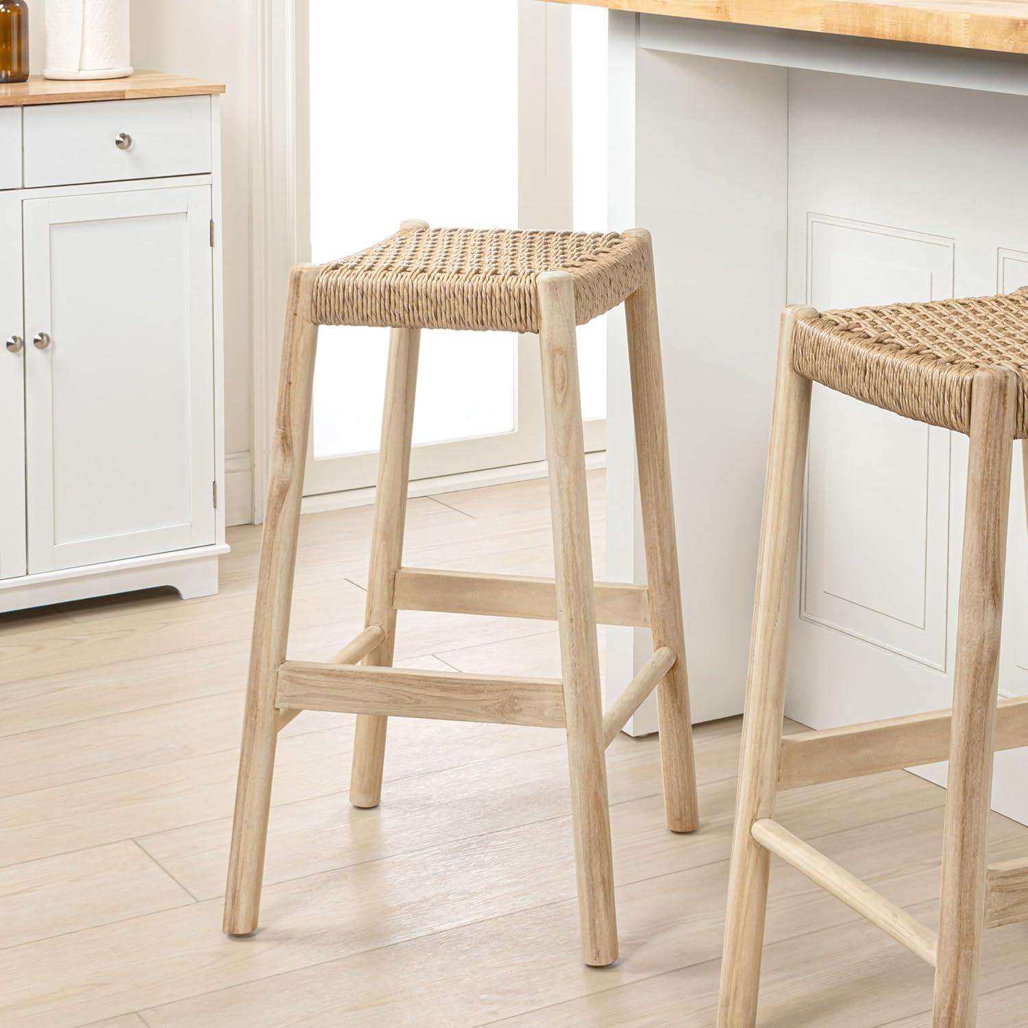 image:imageJONATHAN Y Armati 295 Coastal Casual Handcrafted Outdoor Bar Stool Teak Wood Frame Synthetic Woven Seat for Patio Deck Pool Garden Furniture Light BrownNatural Bleach Wood BSL3001ALight BrownNatural