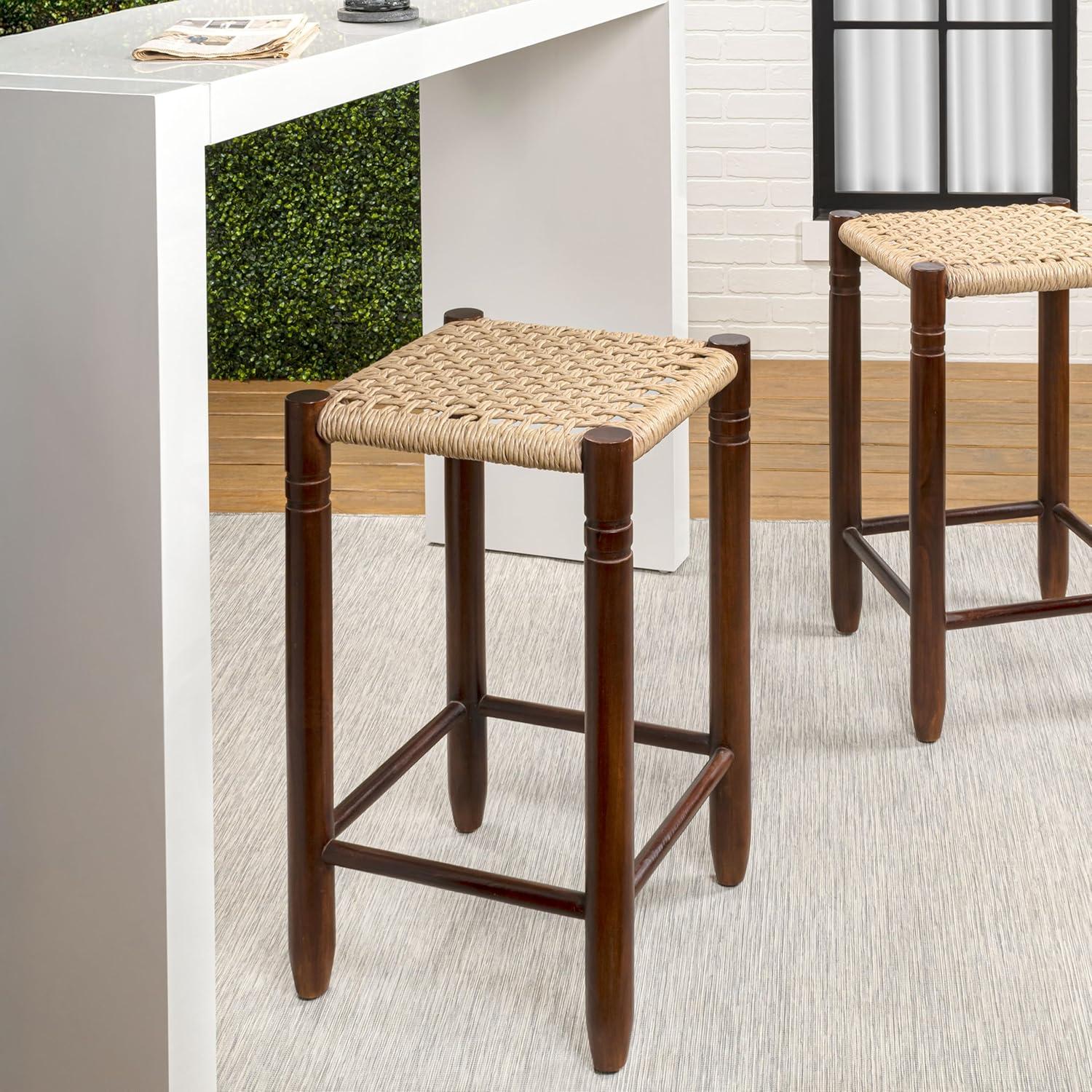 image:imageJONATHAN Y Columnar Handcrafted Teak Wood Outdoor Counter Stool 255 Height Casual Boho Style Synthetic Woven Rattan Seat Weather Resistant Patio Furniture Light BrownDark Brown Wood CSL3004ALight BrownDark Brown