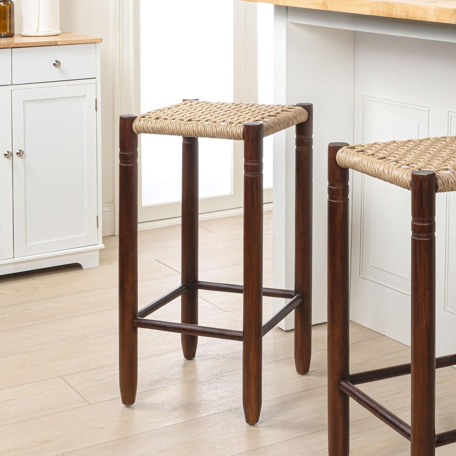 image:imageJONATHAN Y Columnar Handcrafted Teak Wood Outdoor Counter Stool 255 Height Casual Boho Style Synthetic Woven Rattan Seat Weather Resistant Patio Furniture Light BrownDark Brown Wood CSL3004ALight BrownDark Brown