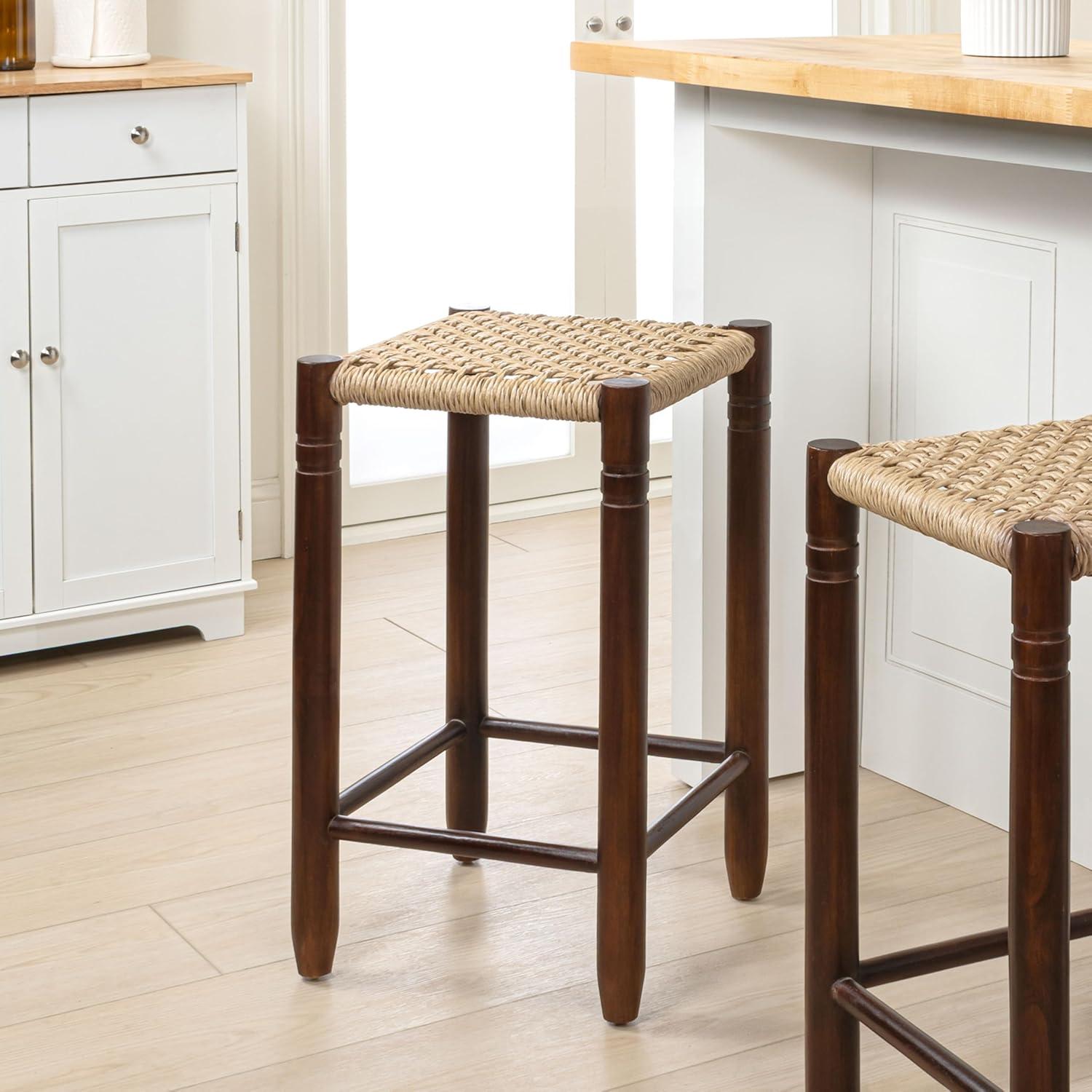 image:imageJONATHAN Y Columnar Handcrafted Teak Wood Outdoor Counter Stool 255 Height Casual Boho Style Synthetic Woven Rattan Seat Weather Resistant Patio Furniture Light BrownDark Brown Wood CSL3004ALight BrownDark Brown