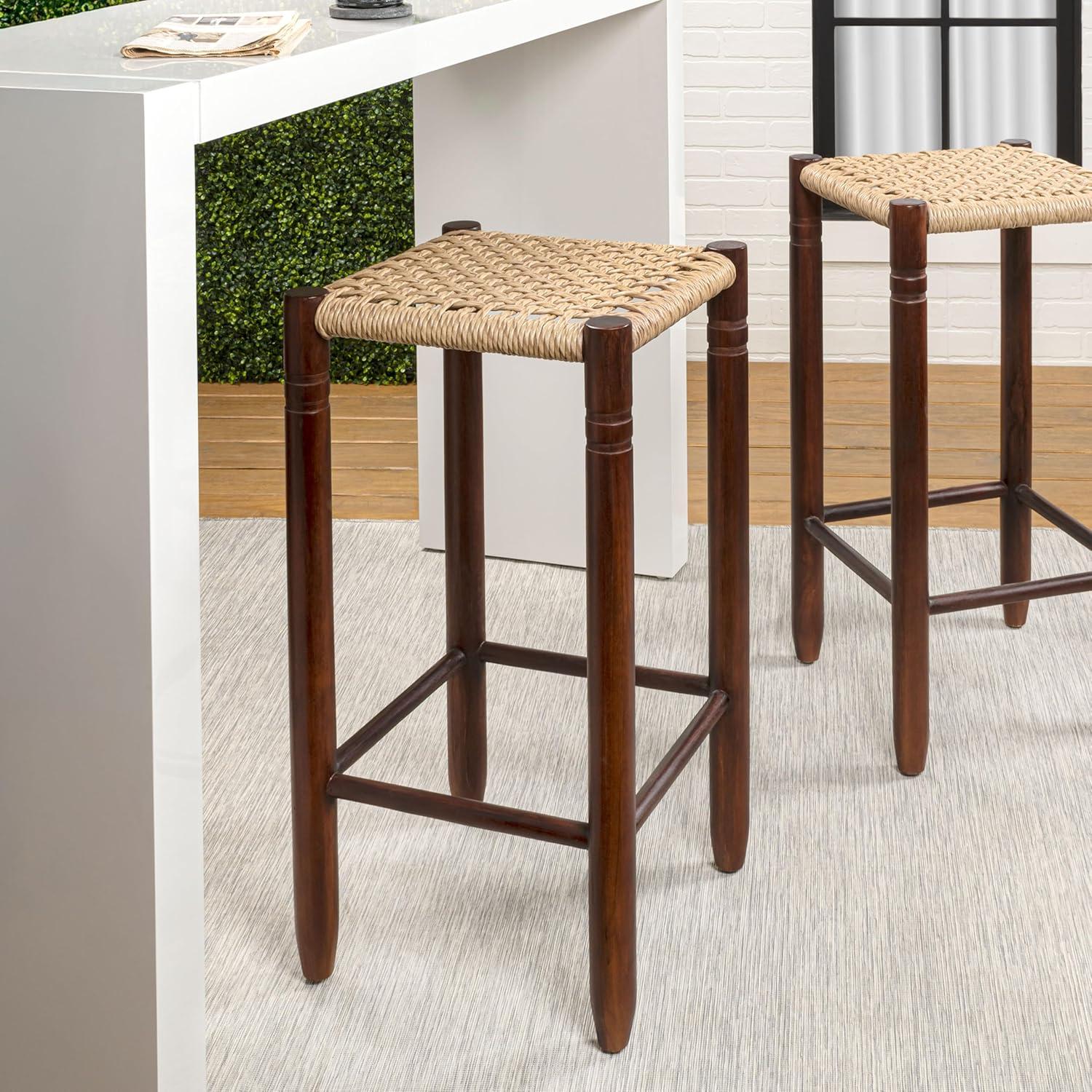image:imageJONATHAN Y Columnar Handcrafted Teak Wood Outdoor Counter Stool 255 Height Casual Boho Style Synthetic Woven Rattan Seat Weather Resistant Patio Furniture Light BrownDark Brown Wood CSL3004ALight BrownDark Brown
