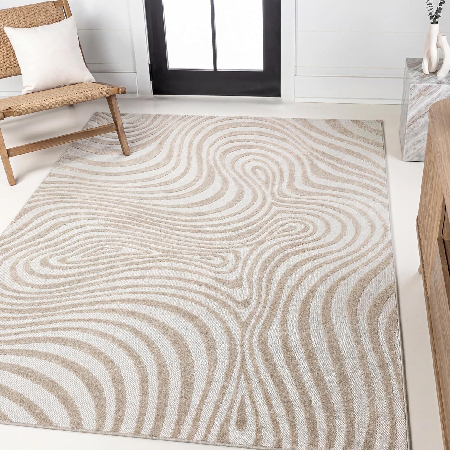 image:imageJONATHAN Y Maribo HighLow Abstract Striped BeigeCream 5x8 IndoorOutdoor Area Rug for Patio Backyard Living Room Bedroom Office HoseWashable SCN103D5BeigeCream
