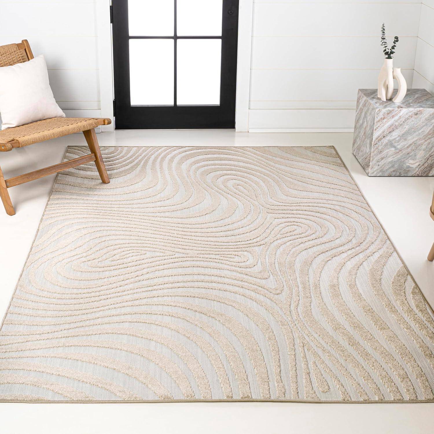 image:imageJONATHAN Y Maribo HighLow Abstract Striped BeigeCream 5x8 IndoorOutdoor Area Rug for Patio Backyard Living Room Bedroom Office HoseWashable SCN103D5BeigeCream