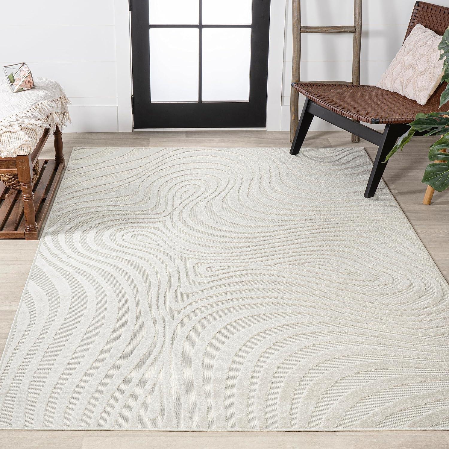 image:imageJONATHAN Y Maribo HighLow Abstract Striped BeigeCream 5x8 IndoorOutdoor Area Rug for Patio Backyard Living Room Bedroom Office HoseWashable SCN103D5CreamIvory