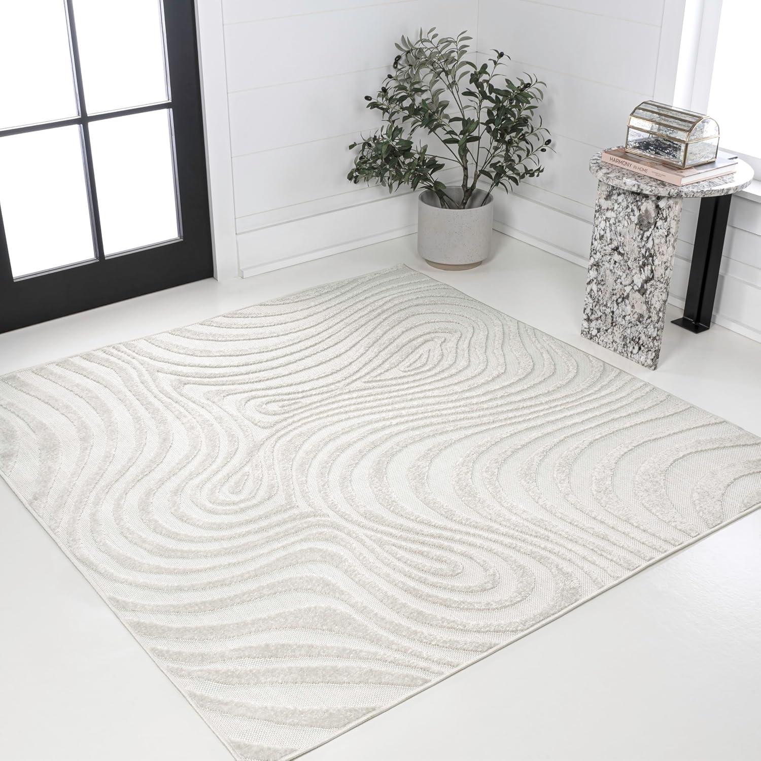 image:imageJONATHAN Y Maribo HighLow Abstract Striped BeigeCream 5x8 IndoorOutdoor Area Rug for Patio Backyard Living Room Bedroom Office HoseWashable SCN103D5CreamIvory