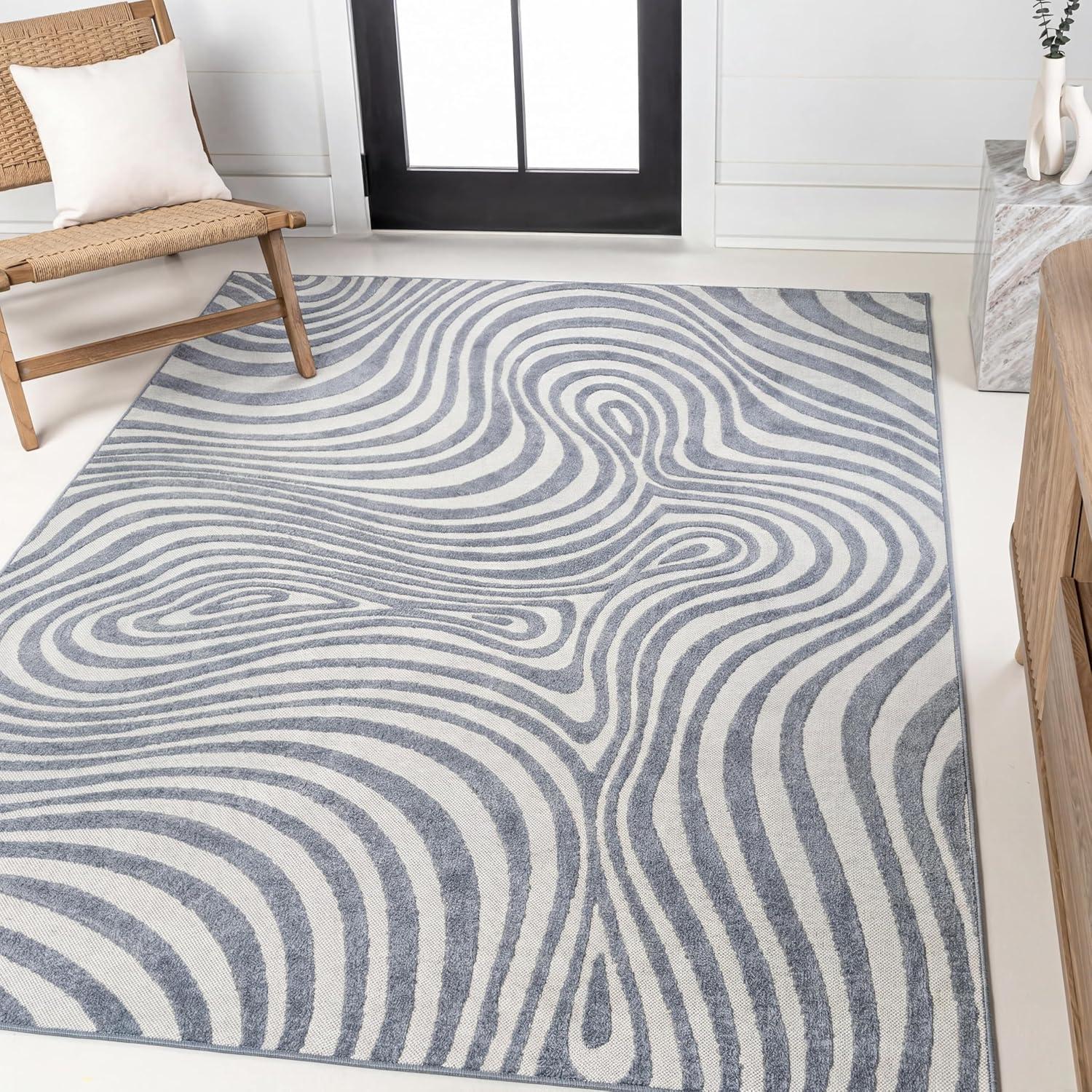 image:imageJONATHAN Y Maribo HighLow Abstract Striped BeigeCream 5x8 IndoorOutdoor Area Rug for Patio Backyard Living Room Bedroom Office HoseWashable SCN103D5Dark BlueCream