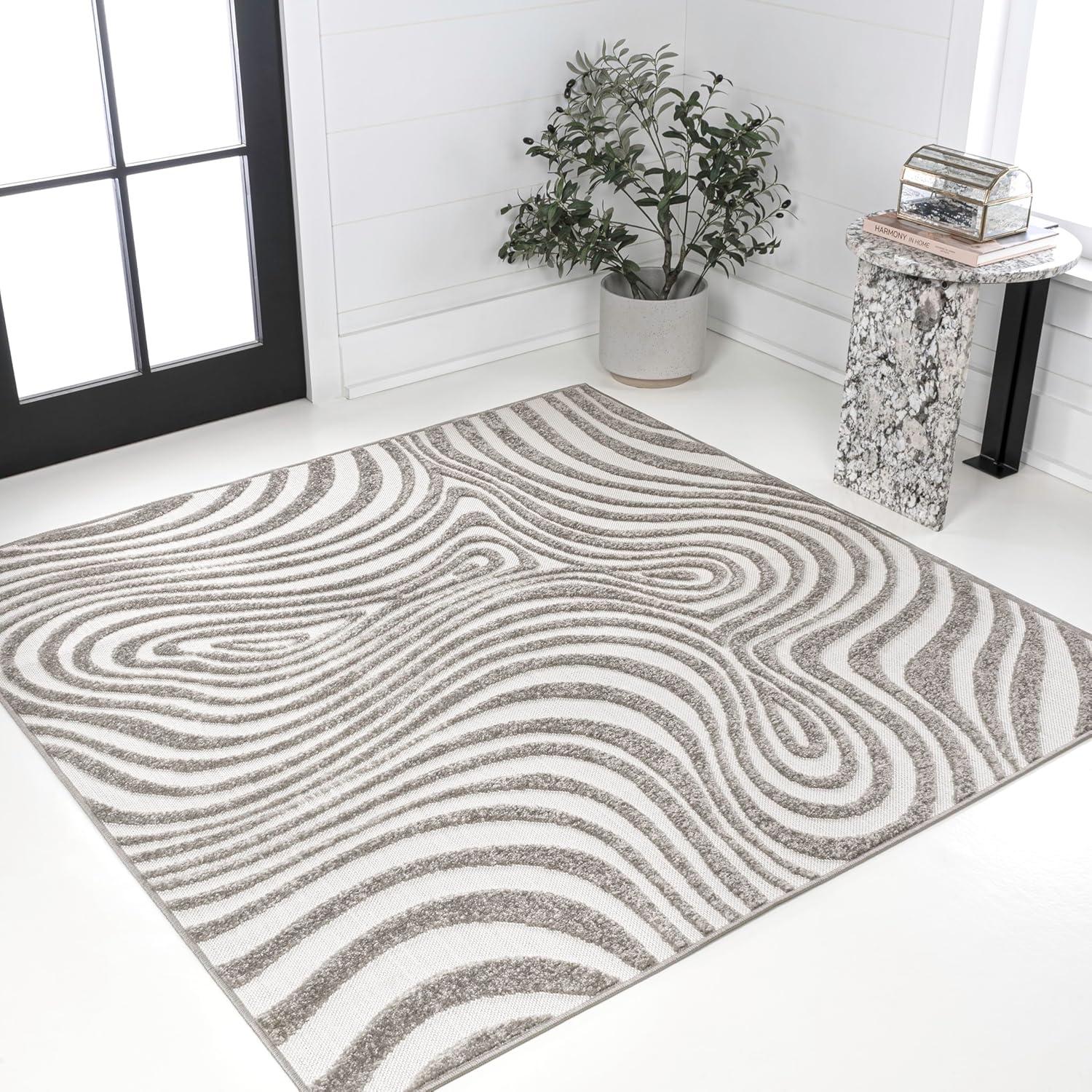 image:imageJONATHAN Y Maribo HighLow Abstract Striped BeigeCream 5x8 IndoorOutdoor Area Rug for Patio Backyard Living Room Bedroom Office HoseWashable SCN103D5GrayIvory
