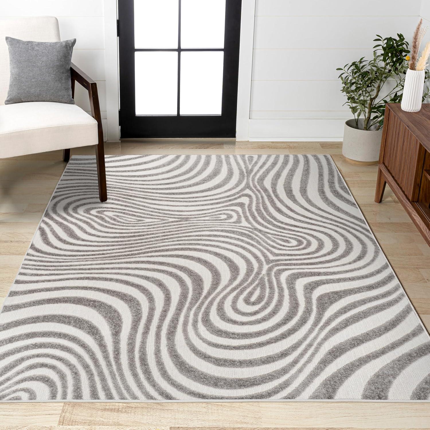 image:imageJONATHAN Y Maribo HighLow Abstract Striped BeigeCream 5x8 IndoorOutdoor Area Rug for Patio Backyard Living Room Bedroom Office HoseWashable SCN103D5GrayIvory