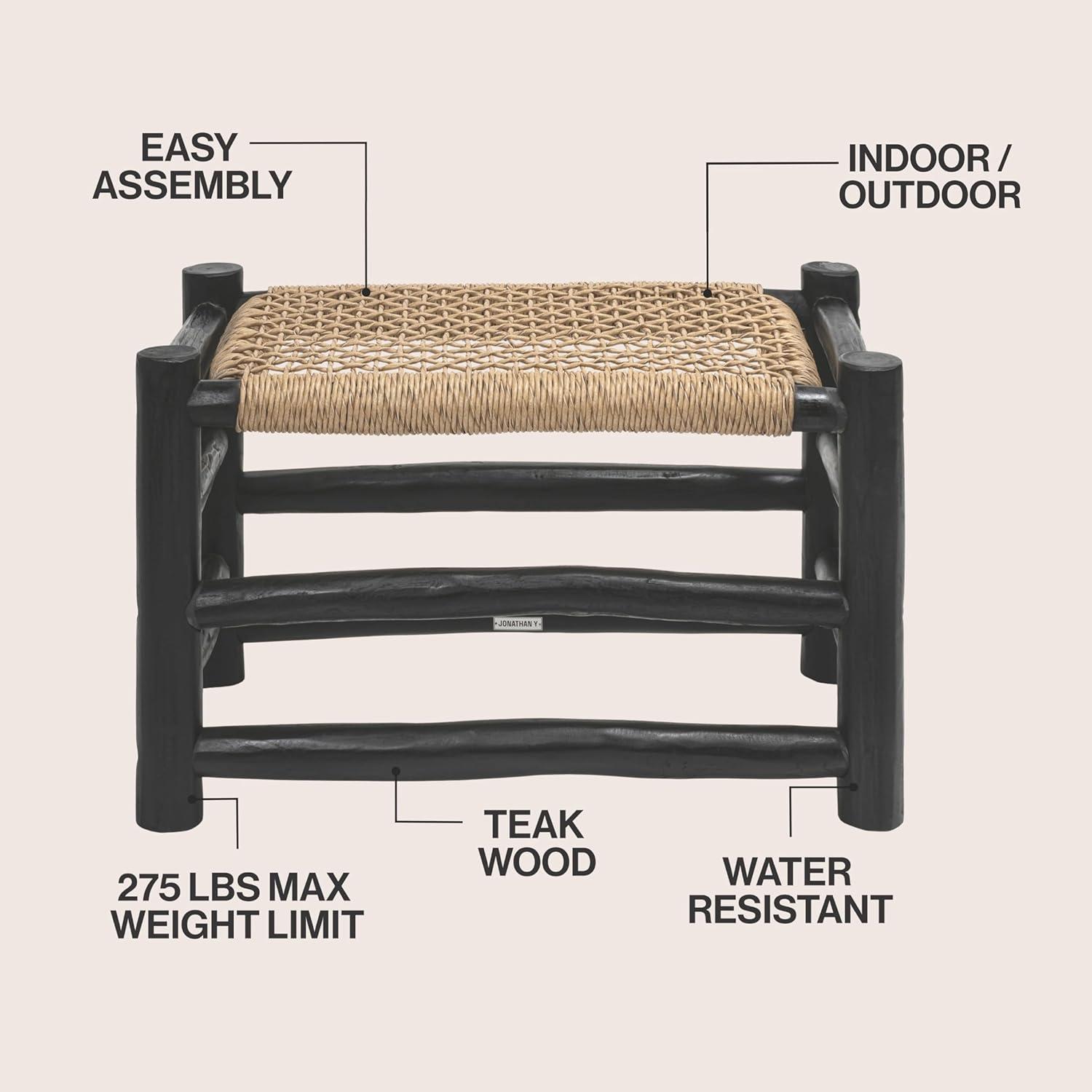 image:imageJONATHAN Y Outdoor Handcrafted Teak Wood Bench amp Stool 275 Coastal Bohemian Accent Stool Synthetic Woven Rattan Seat Small Patio Garden Porch Furniture Light BrownBlack Wood STL3001BLight BrownBlack Wood