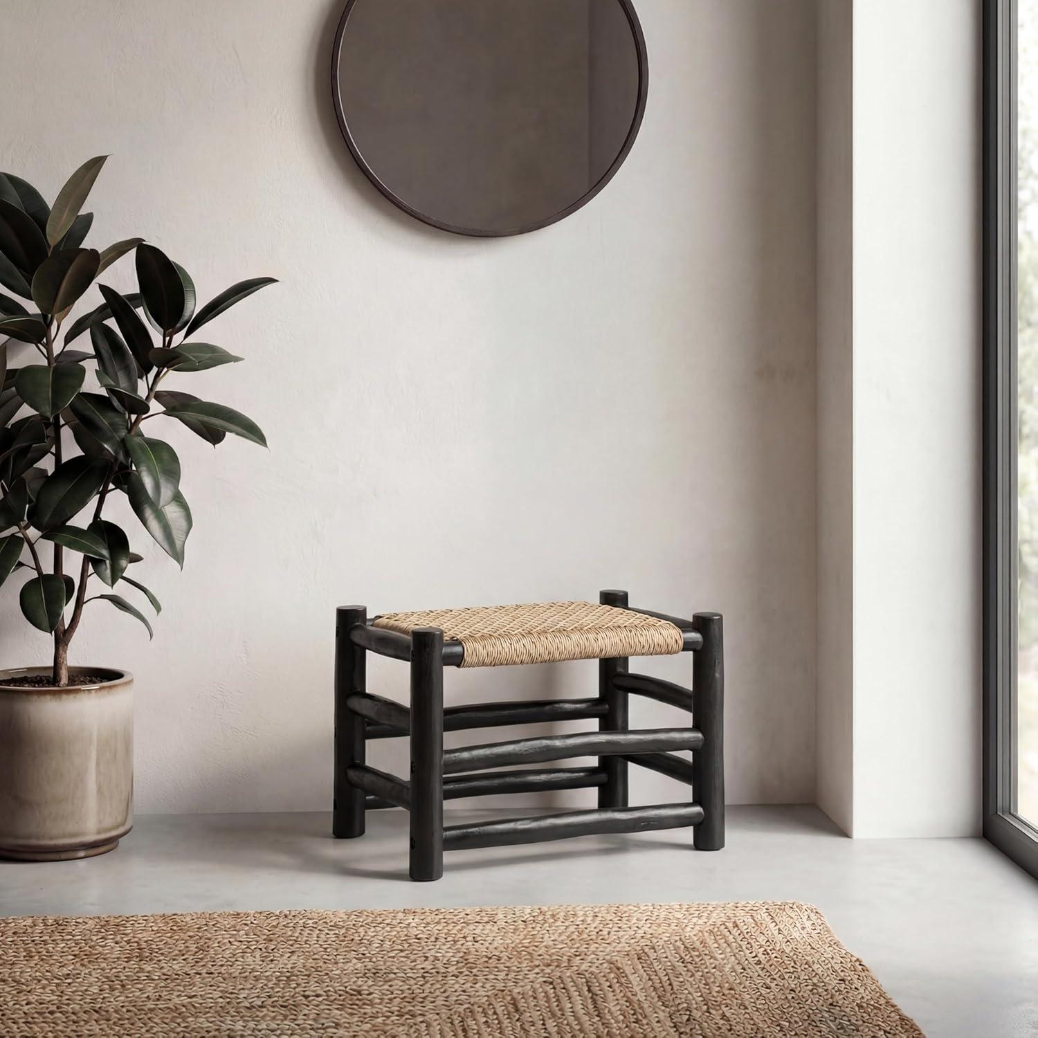 image:imageJONATHAN Y Outdoor Handcrafted Teak Wood Bench amp Stool 275 Coastal Bohemian Accent Stool Synthetic Woven Rattan Seat Small Patio Garden Porch Furniture Light BrownBlack Wood STL3001BLight BrownBlack Wood