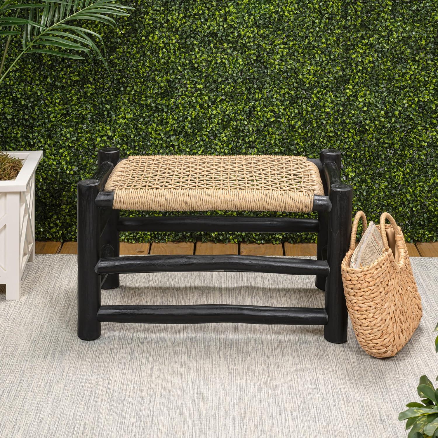 image:imageJONATHAN Y Outdoor Handcrafted Teak Wood Bench amp Stool 275 Coastal Bohemian Accent Stool Synthetic Woven Rattan Seat Small Patio Garden Porch Furniture Light BrownBlack Wood STL3001BLight BrownBlack Wood