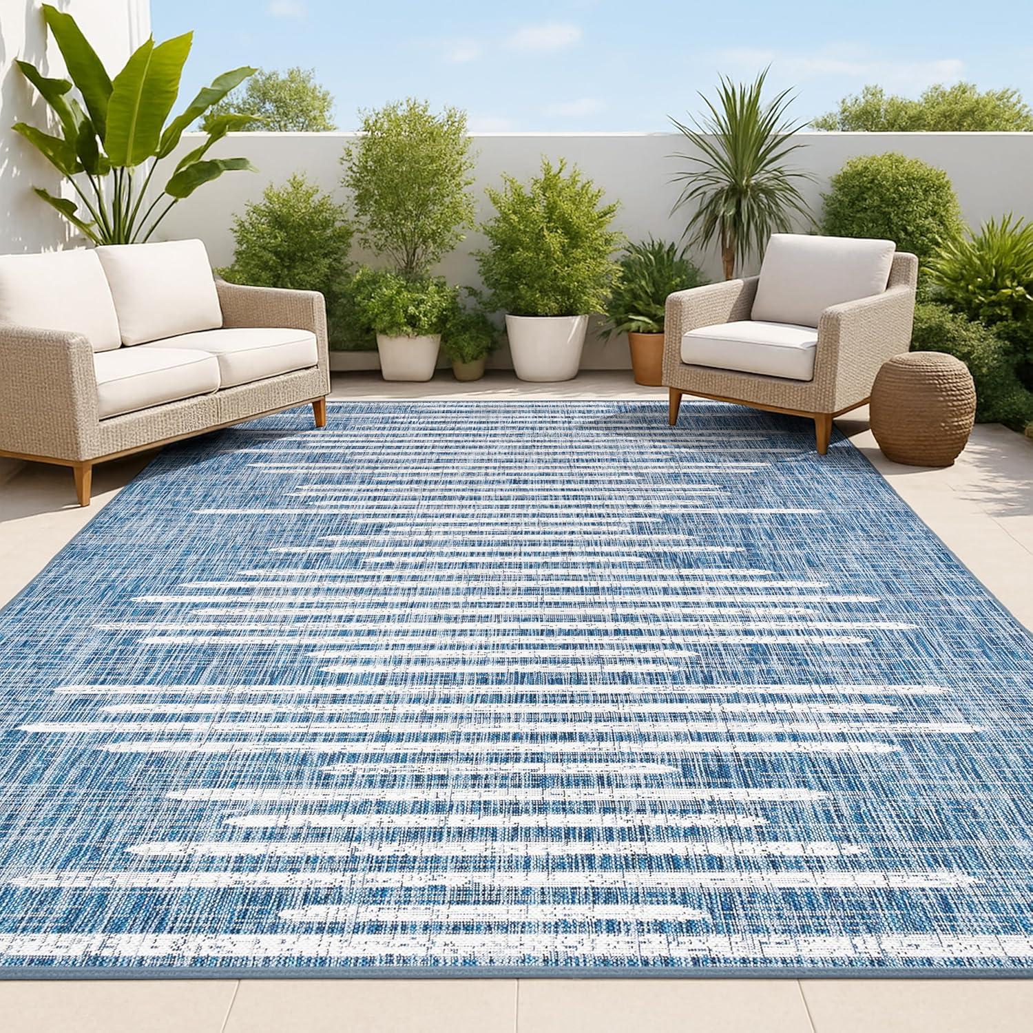 image:imageJONATHAN Y Stripe Geometric Indoor Outdoor Runner Rug 2X10 BeigeBrown Zolak Berber for Backyard Patio Porch EasyCleaning High Traffic PetFriendly NonShedding SMB124A210BlueIvory