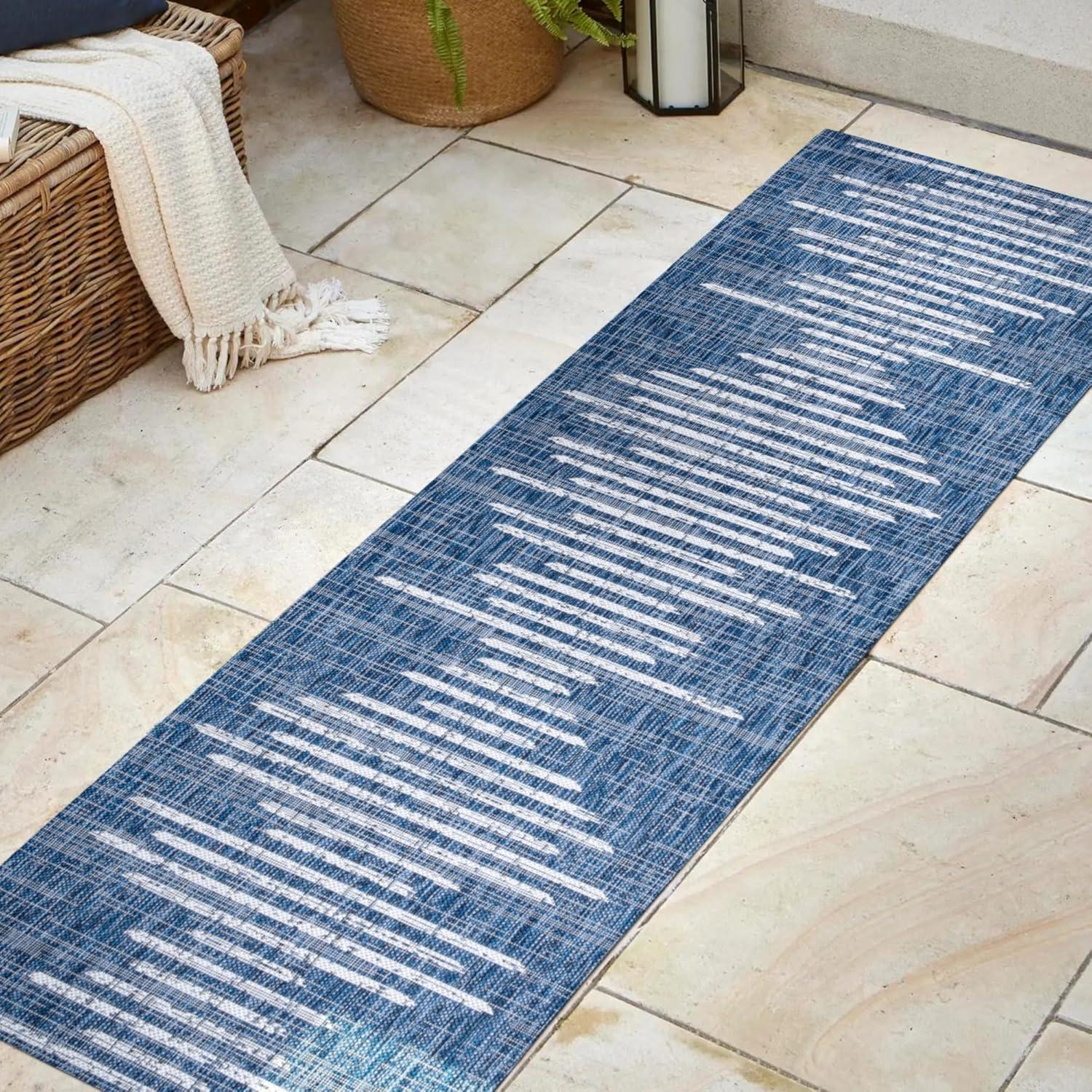 image:imageJONATHAN Y Stripe Geometric Indoor Outdoor Runner Rug 2X10 BeigeBrown Zolak Berber for Backyard Patio Porch EasyCleaning High Traffic PetFriendly NonShedding SMB124A210BlueIvory