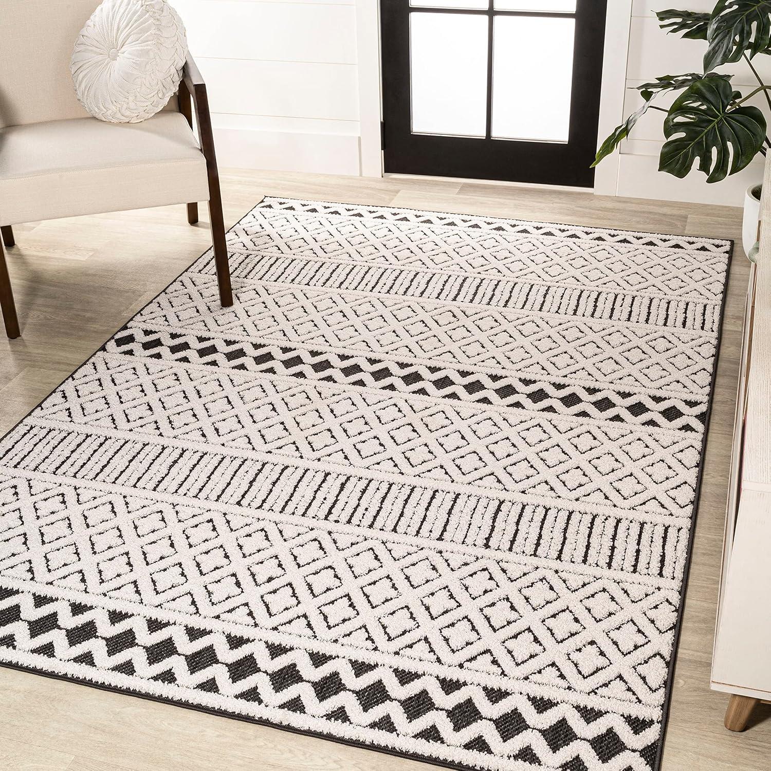 image:imageJONATHAN Y Trellis Geometric Indoor Outdoor Area Rug 5X8 BeigeGray Ormond HighLow Modern for Backyard Patio Porch EasyCleaning High Traffic PetFriendly NonShedding SBH109C5CreamBlack