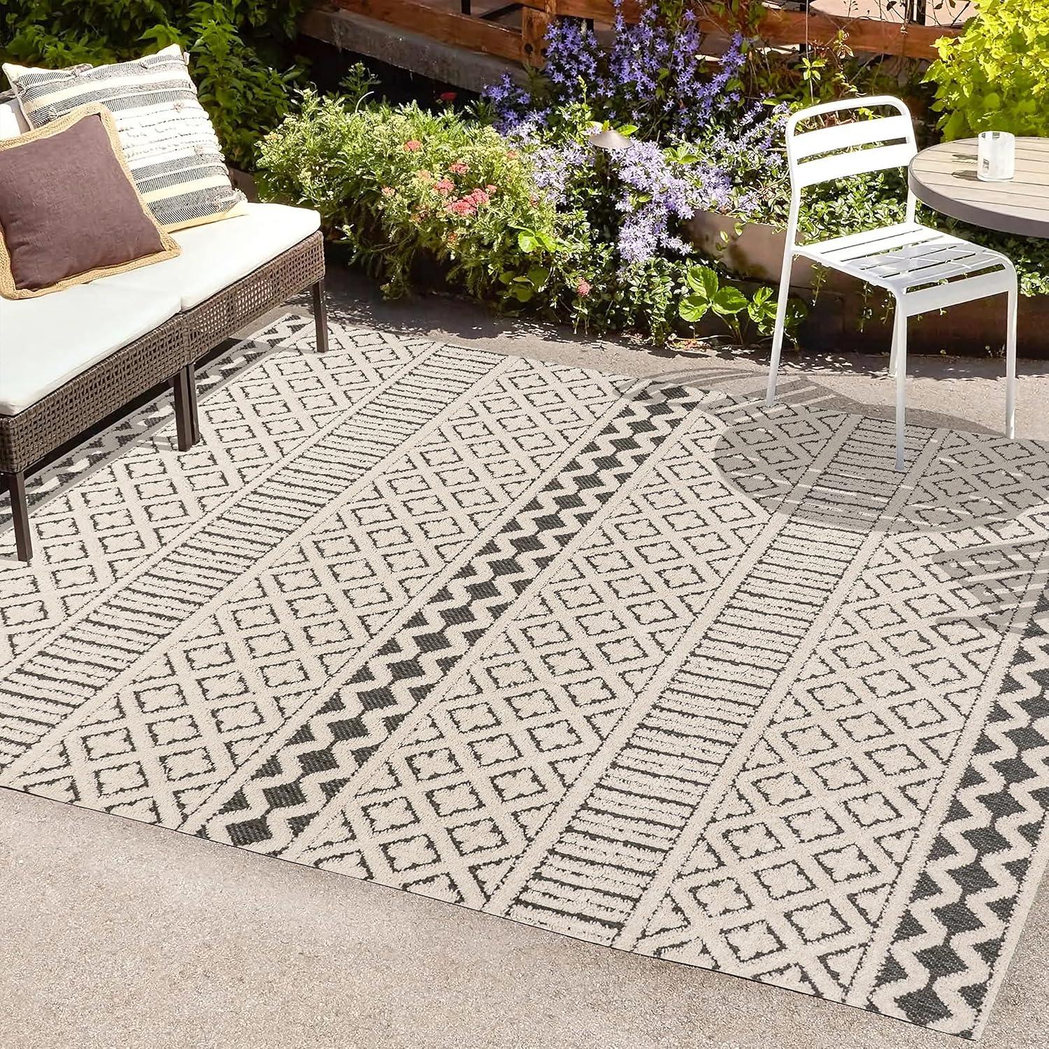 image:imageJONATHAN Y Trellis Geometric Indoor Outdoor Area Rug 5X8 BeigeGray Ormond HighLow Modern for Backyard Patio Porch EasyCleaning High Traffic PetFriendly NonShedding SBH109C5CreamBlack