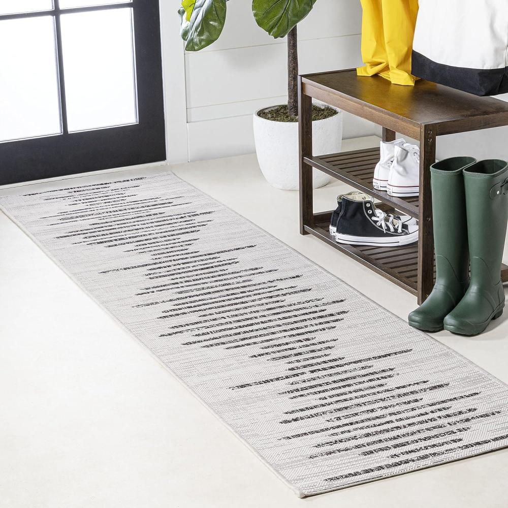 image:imageJONATHAN Y Stripe Geometric Indoor Outdoor Runner Rug 2X10 BeigeBrown Zolak Berber for Backyard Patio Porch EasyCleaning High Traffic PetFriendly NonShedding SMB124A210IvoryBlack