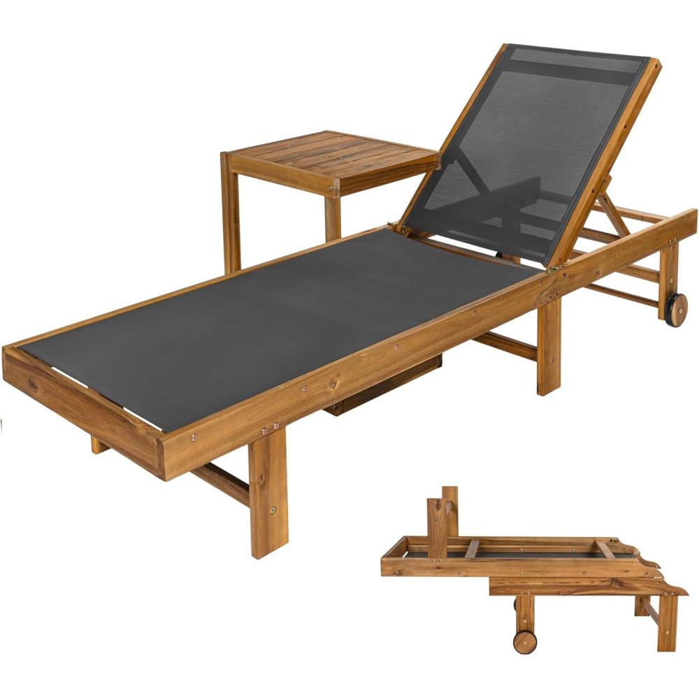 image:imageJONATHAN Y Trabuco Coastal Modern Acacia Wood Mesh 5Position Outdoor Foldable Chaise Lounge Set with Side Table WhiteLight TeakDark GrayTeak Brown
