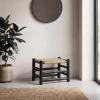 JONATHAN Y Outdoor Handcrafted Teak Wood Bench & Stool, 27.5″ Coastal Bohemian Accent Stool, Synthetic Woven Rattan Seat, Small Patio Garden Porch Furniture, Light Brown/Black Wood (STL3001B)(Light Brown/Black Wood)