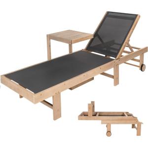 JONATHAN Y Trabuco Coastal Modern Acacia Wood Mesh 5-Position Outdoor Foldable Chaise Lounge Set with Side Table, White/Light Teak(Dark Gray/Light Teak)