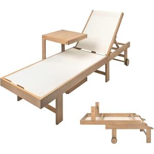 JONATHAN Y Trabuco Coastal Modern Acacia Wood Mesh 5-Position Outdoor Foldable Chaise Lounge Set with Side Table, White/Light Teak(White/Light Teak)
