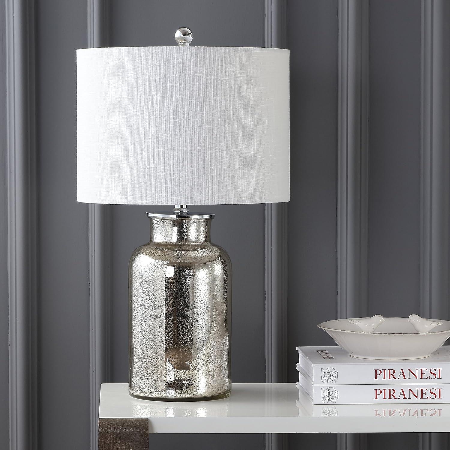 image:imageJONATHAN Y 245 Mercury Silver Trellis Glass Table Lamp for Living Room White Linen Shade Modern Bedside Nightstand Lamp for Bedroom LED Bulb Included UL Listed JYL1063AMercury Silver