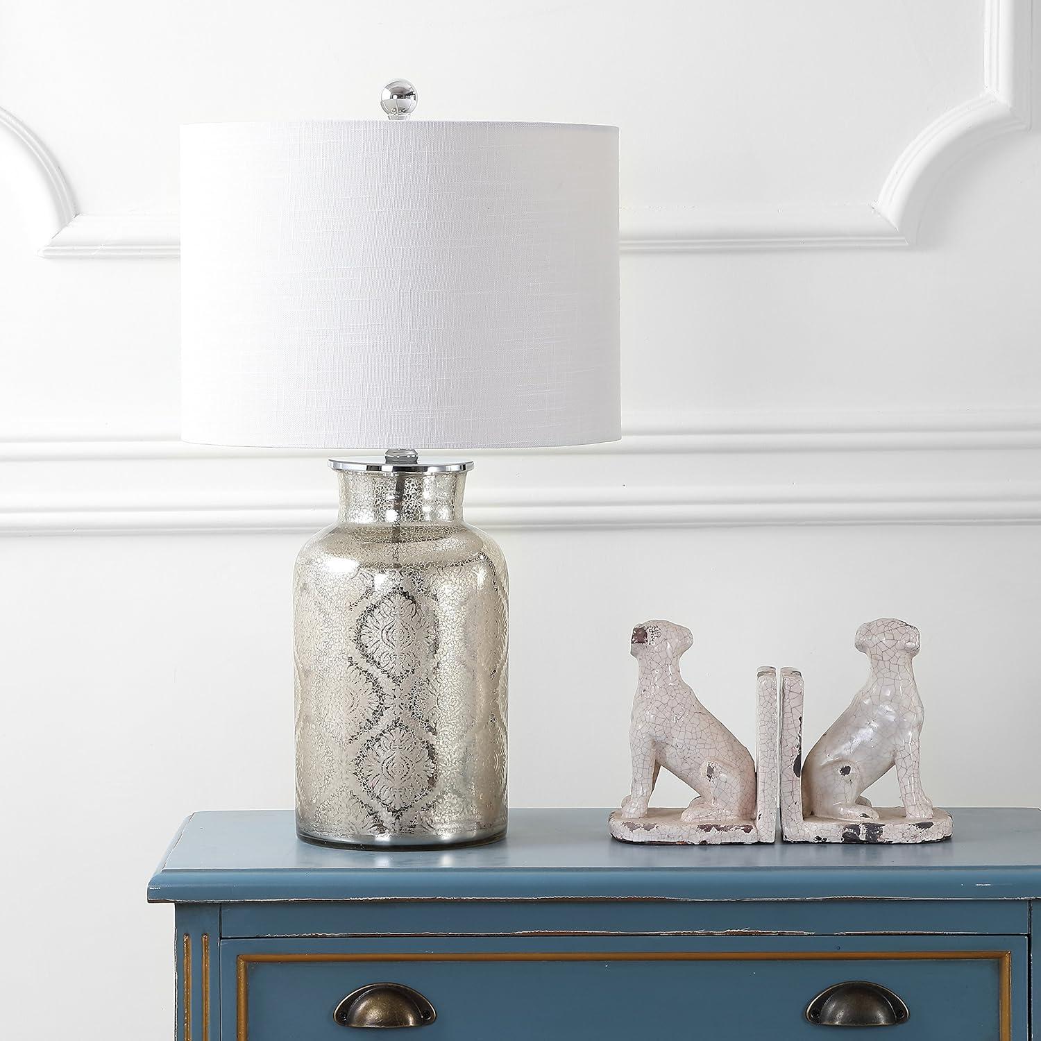 image:imageJONATHAN Y 245 Mercury Silver Trellis Glass Table Lamp for Living Room White Linen Shade Modern Bedside Nightstand Lamp for Bedroom LED Bulb Included UL Listed JYL1063AMercury Silver Geometric