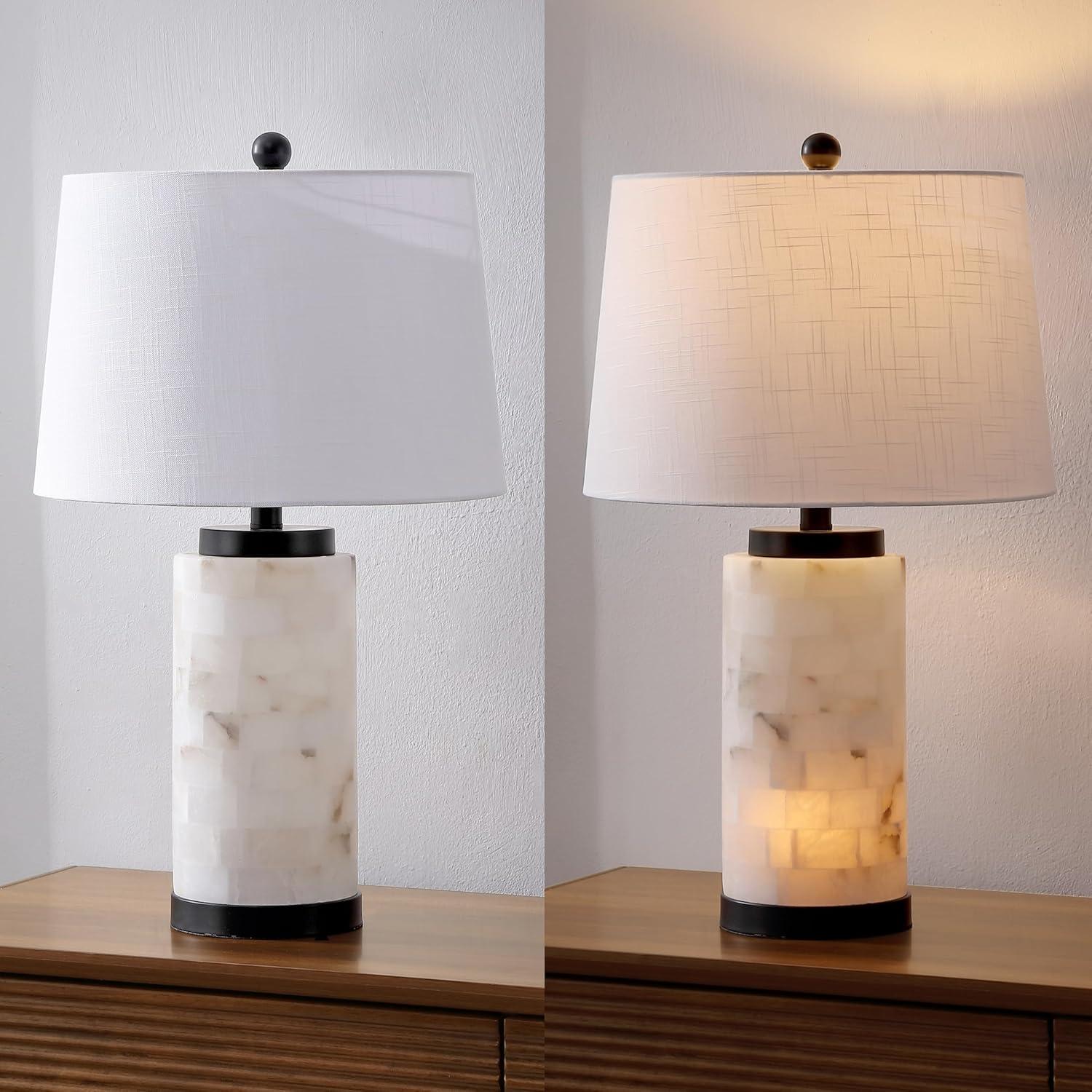 image:imageJONATHAN Y 255 WhiteGold Leaf Alabaster 2Light Rectangular Table Lamp with Night Light Modern Coastal Bedside Lamp for Bedroom with White Linen Drum Shade LED Bulbs Included JYL6203AWhiteBlack