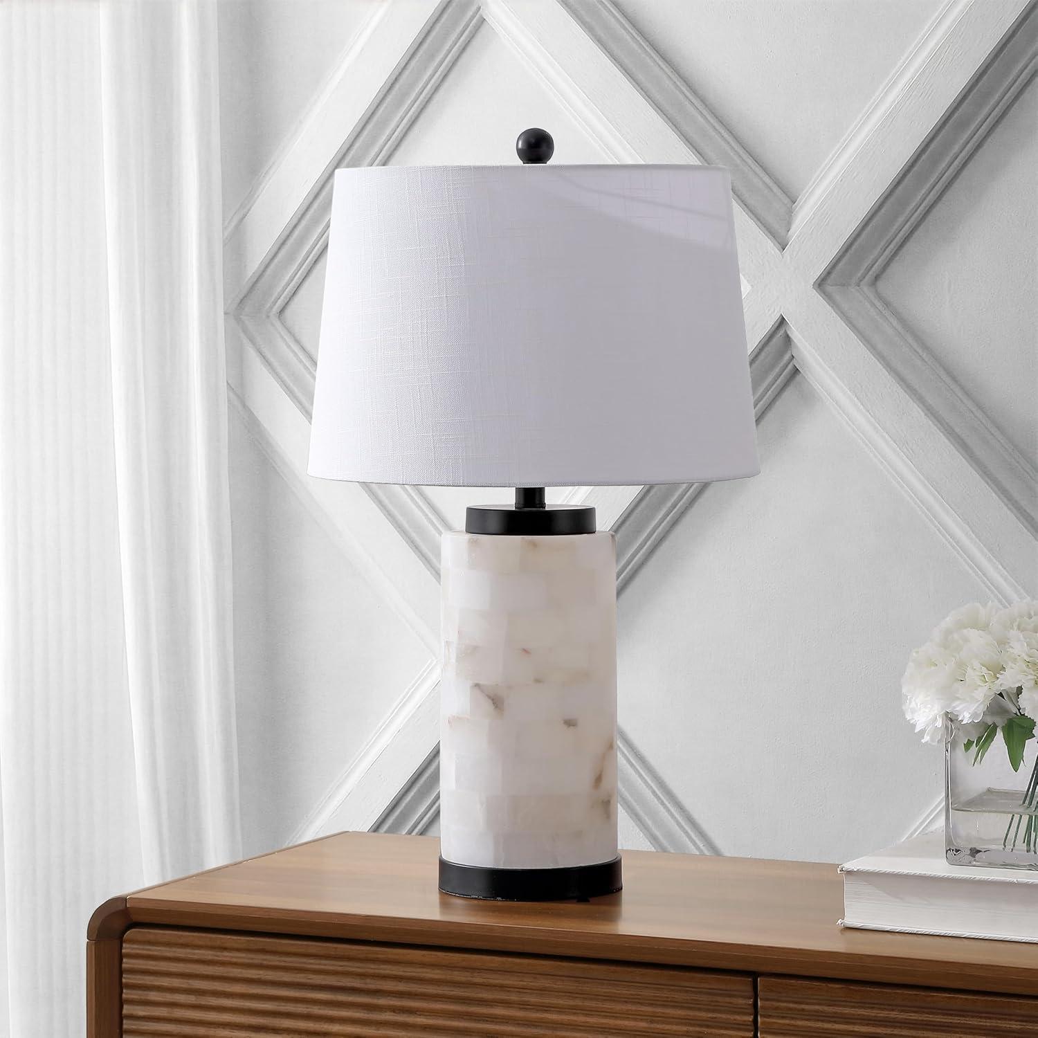 image:imageJONATHAN Y 255 WhiteGold Leaf Alabaster 2Light Rectangular Table Lamp with Night Light Modern Coastal Bedside Lamp for Bedroom with White Linen Drum Shade LED Bulbs Included JYL6203AWhiteBlack