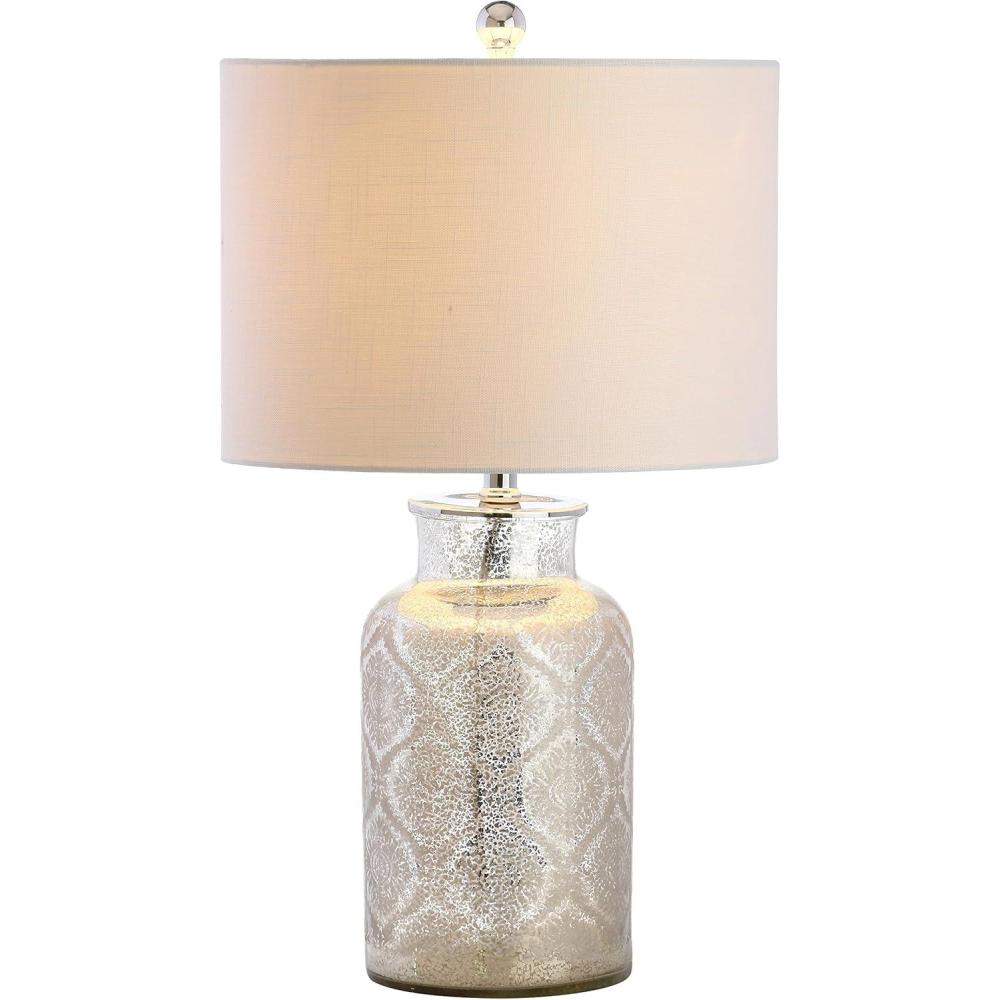 image:imageJONATHAN Y 245 Mercury Silver Trellis Glass Table Lamp for Living Room White Linen Shade Modern Bedside Nightstand Lamp for Bedroom LED Bulb Included UL Listed JYL1063AMercury Silver Geometric