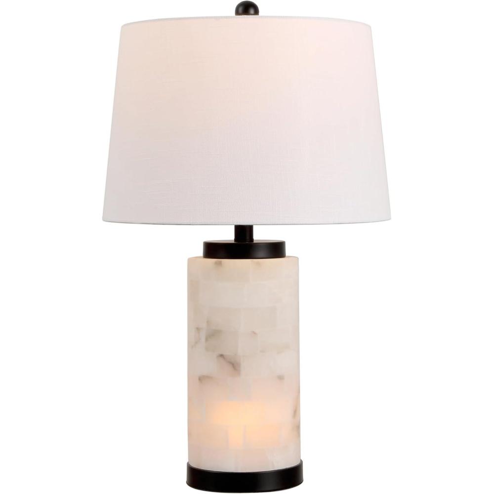 image:imageJONATHAN Y 255 WhiteGold Leaf Alabaster 2Light Rectangular Table Lamp with Night Light Modern Coastal Bedside Lamp for Bedroom with White Linen Drum Shade LED Bulbs Included JYL6203AWhiteBlack