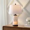 JONATHAN Y 25.5″ White/Gold Leaf Alabaster 2-Light Rectangular Table Lamp with Night Light Modern Coastal Bedside Lamp for Bedroom with White Linen Drum Shade LED Bulbs Included JYL6203A(White/Black)