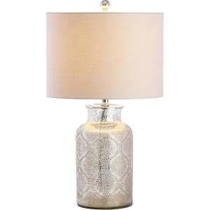 JONATHAN Y 24.5″ Mercury Silver Trellis Glass Table Lamp for Living Room, White Linen Shade, Modern Bedside Nightstand Lamp for Bedroom, LED Bulb Included, UL Listed JYL1063A(Mercury Silver Geometric)