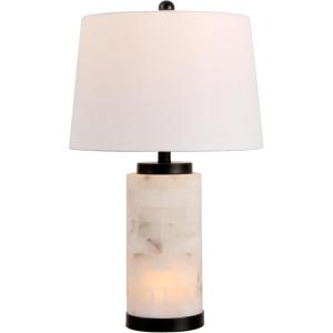 JONATHAN Y 25.5″ White/Gold Leaf Alabaster 2-Light Rectangular Table Lamp with Night Light Modern Coastal Bedside Lamp for Bedroom with White Linen Drum Shade LED Bulbs Included JYL6203A(White/Black)