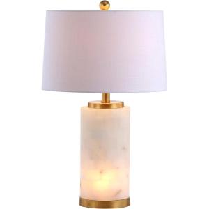 JONATHAN Y 25.5″ White/Gold Leaf Alabaster 2-Light Rectangular Table Lamp with Night Light Modern Coastal Bedside Lamp for Bedroom with White Linen Drum Shade LED Bulbs Included JYL6203A(White/Gold Leaf)